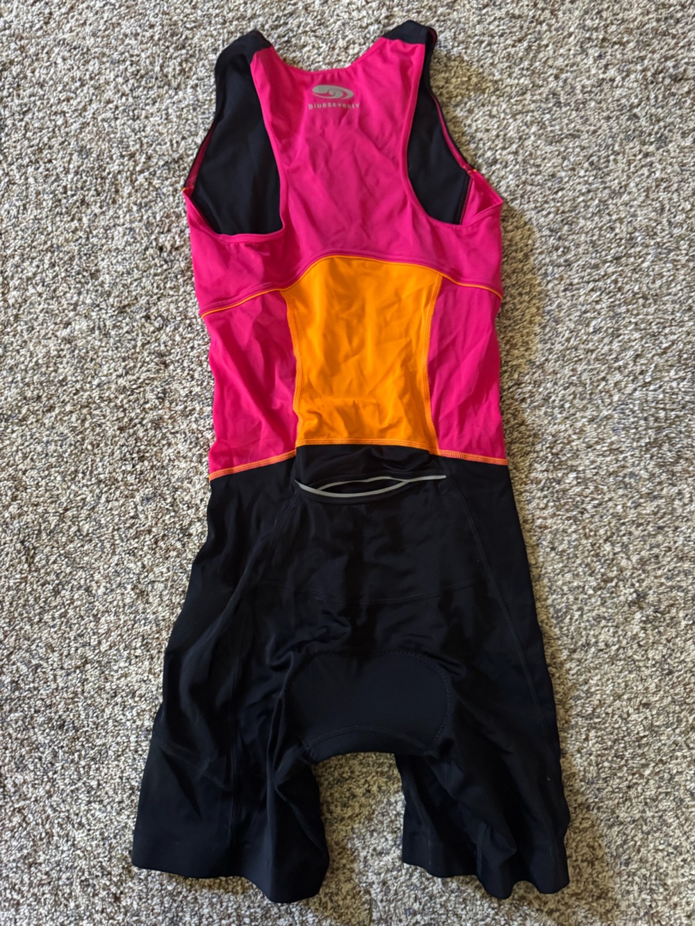 BlueSeventy Black One-Piece Triathlon Suit with Pink Panels and Orange Piping - Picture 2 of 3